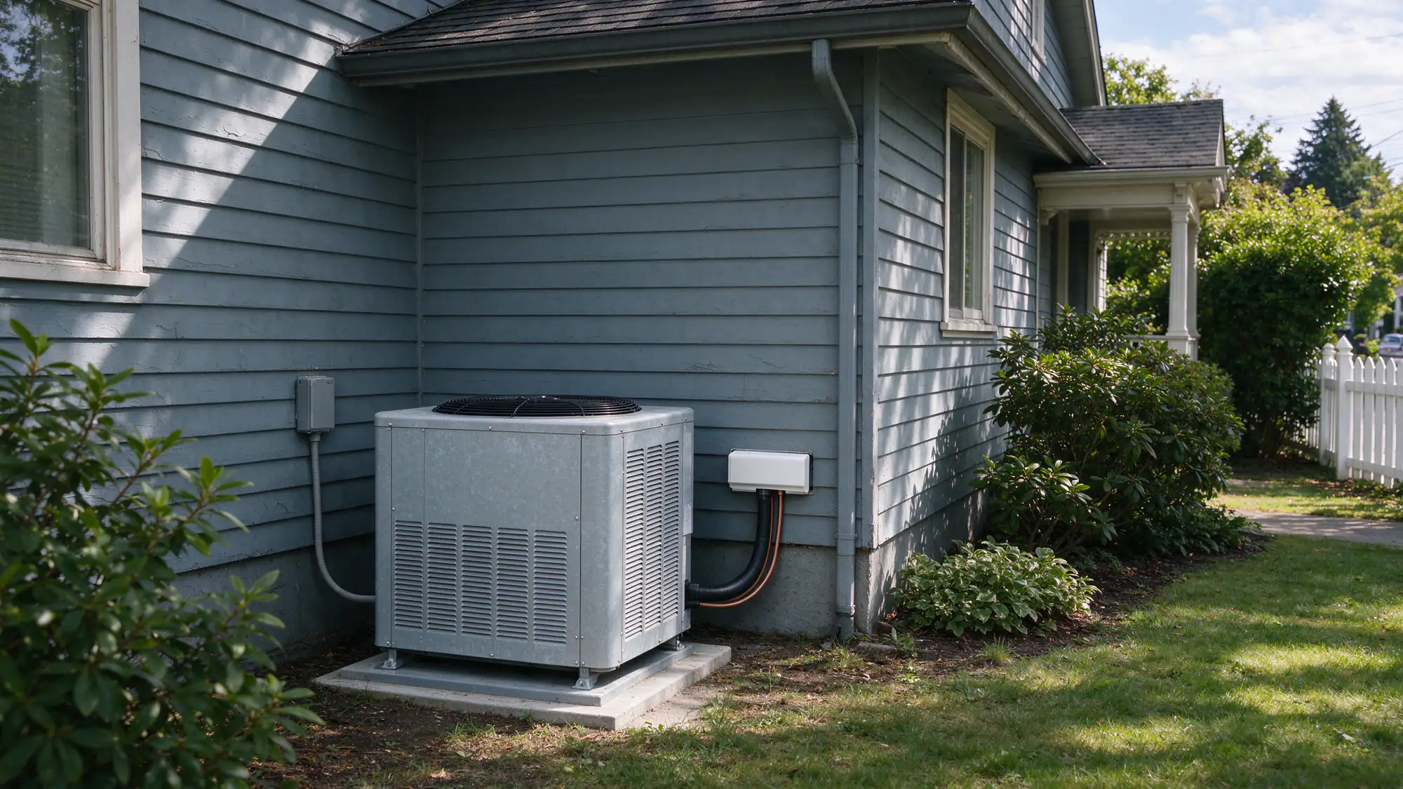 Postwar one-story house in Northwest Seattle with a heat pump outdoor unit on a pad near the driveway, bright daylight