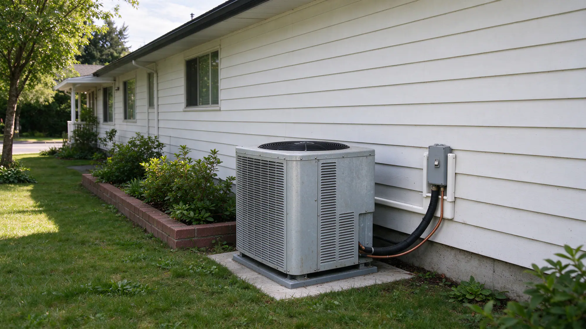 1990s two-story suburban house with a heat pump outdoor unit on a pad along the side wall, bright daylight