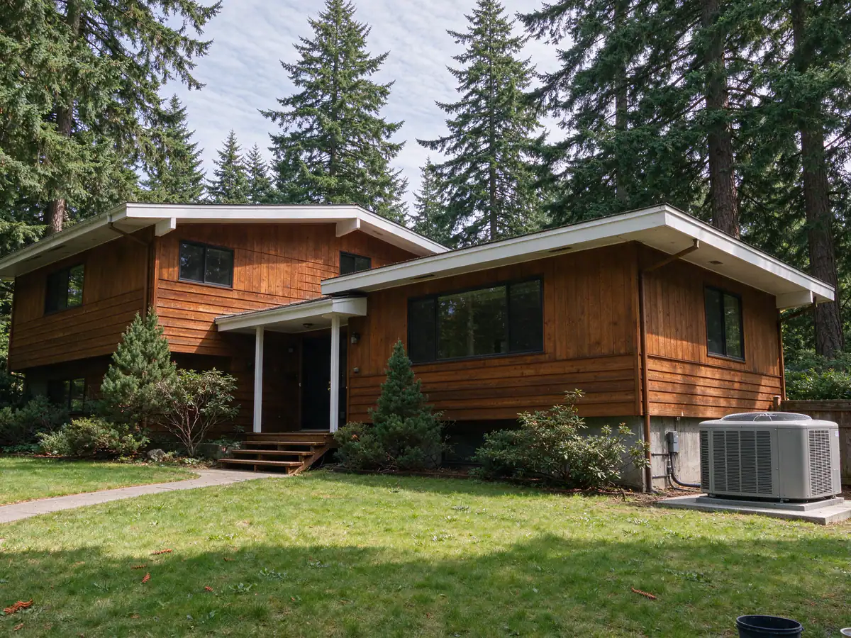 1970s split-level Eastside house with a heat pump at the side