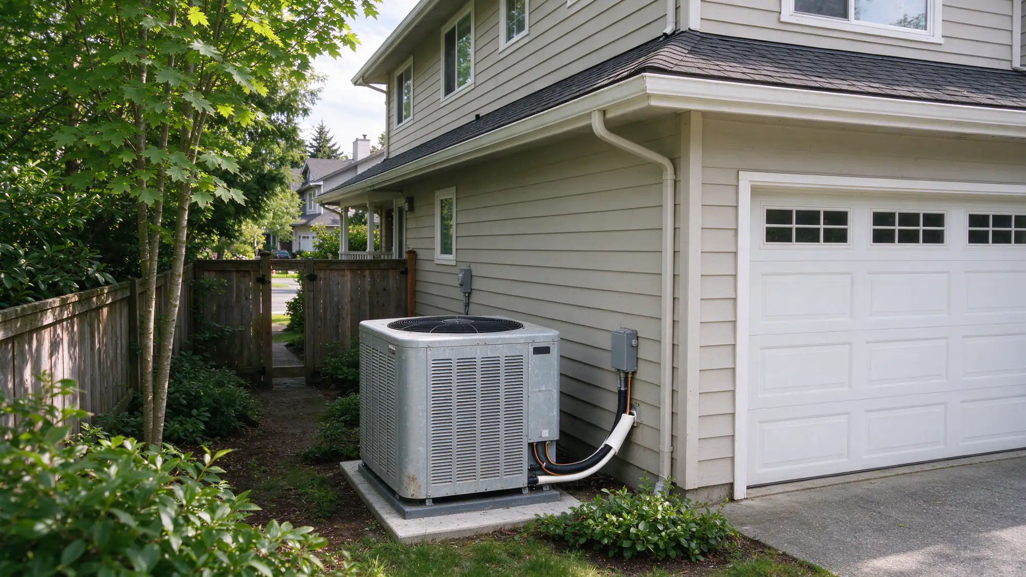 1970s split-level house on the Eastside with a heat pump outdoor unit on a pad beside the garage, bright daylight