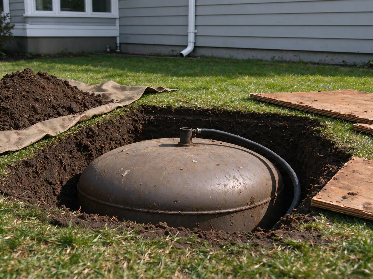 Access hole exposing the top of a buried heating oil tank