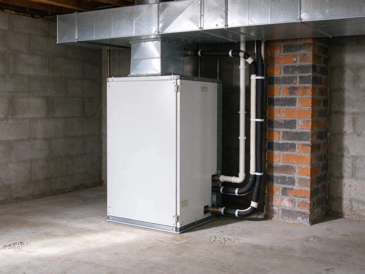 After: a new air handler in the same basement corner