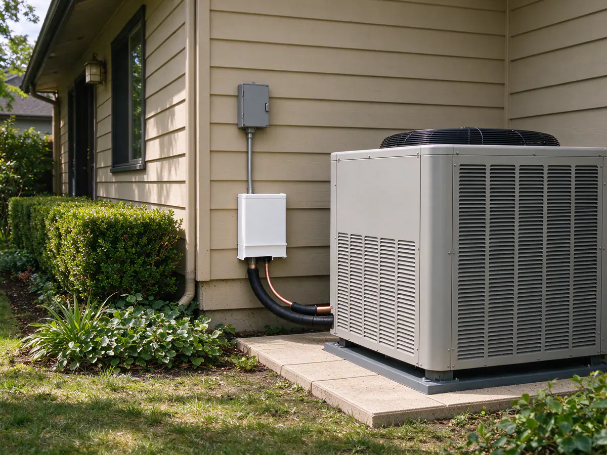 After: a new heat pump on a level pad in the same spot