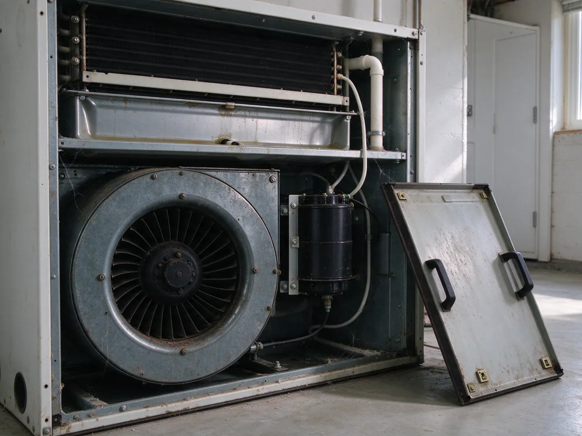 Air handler with the front panel off showing blower and coil
