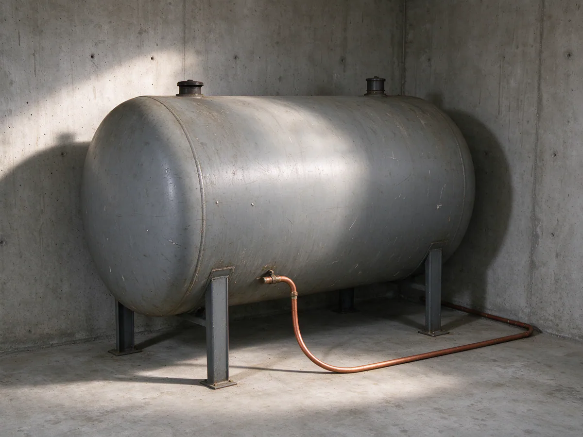 Basement heating oil tank in an unfinished basement corner