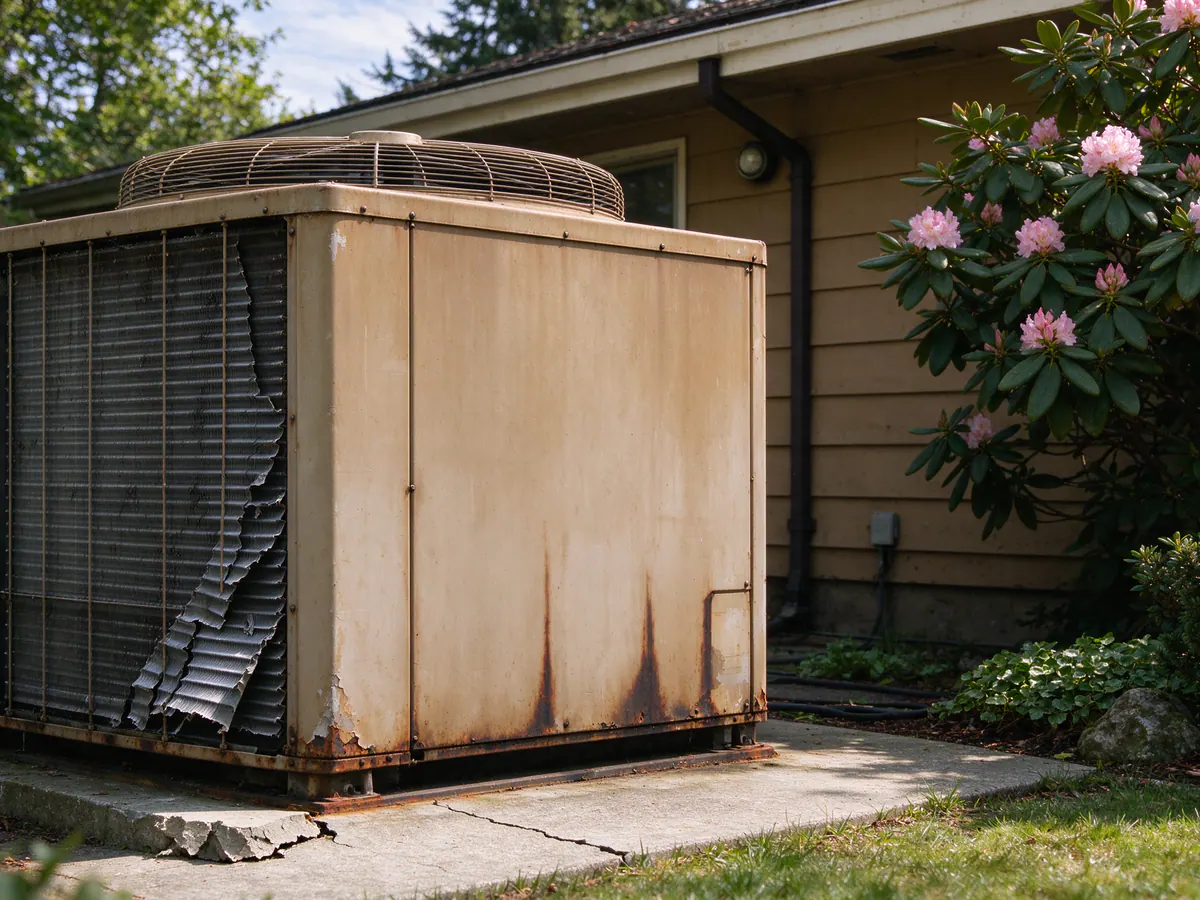 Before: an aging central AC condenser beside a 1960s rambler