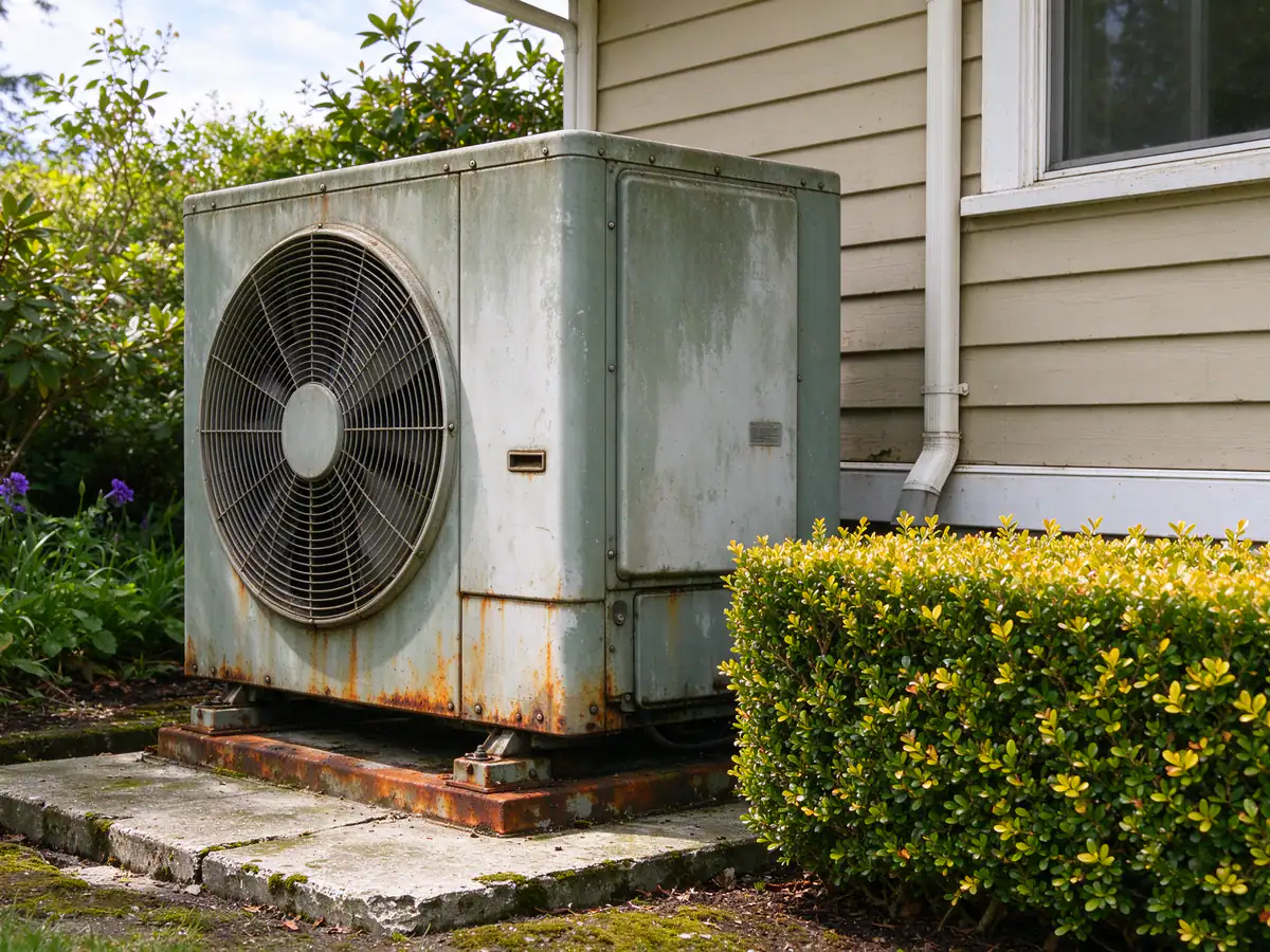 Before: an aging heat pump outdoor unit on a sunken pad
