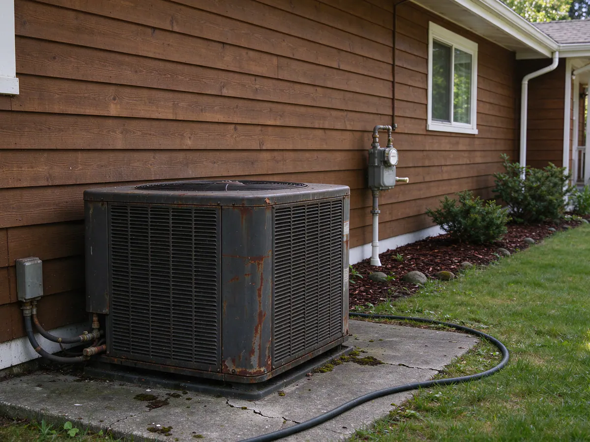 Before: an old AC condenser beside a gas-heated rambler