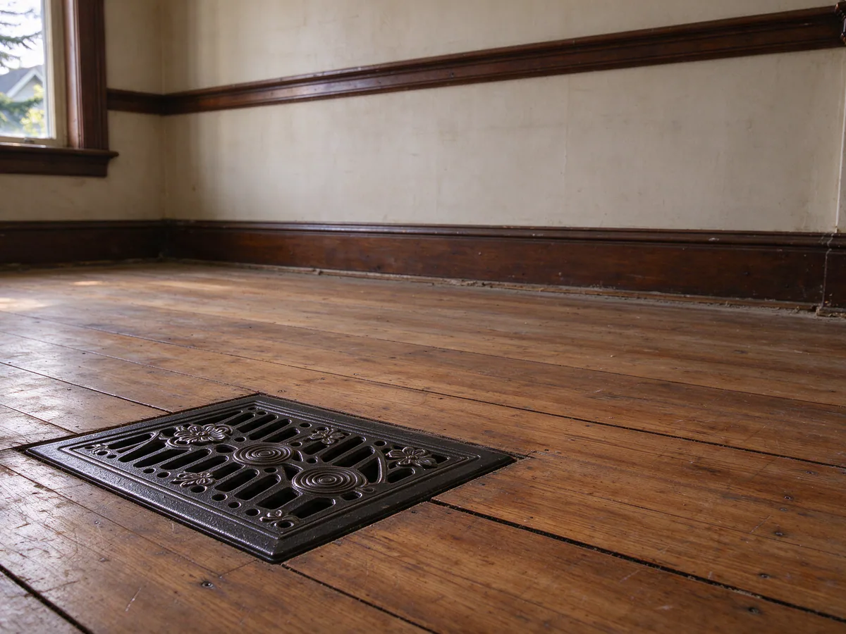 Cast-iron floor register in a 1910s house