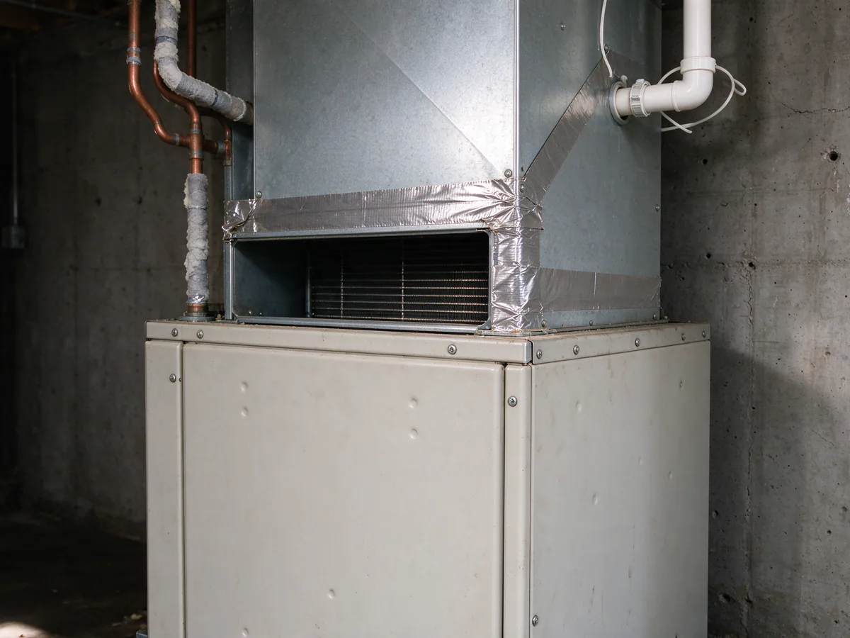 Coil-to-furnace connection sealed with foil tape