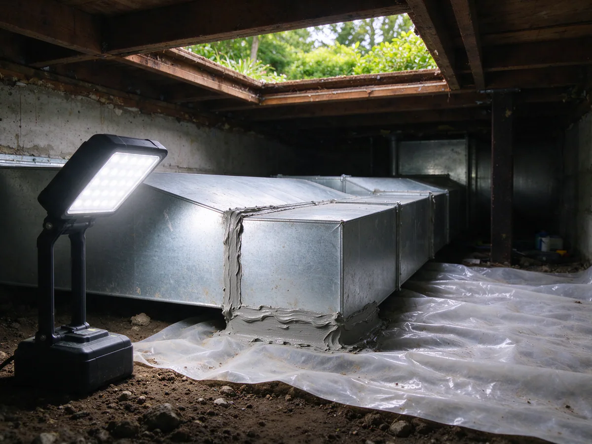 Duct joint sealed with mastic in a crawlspace