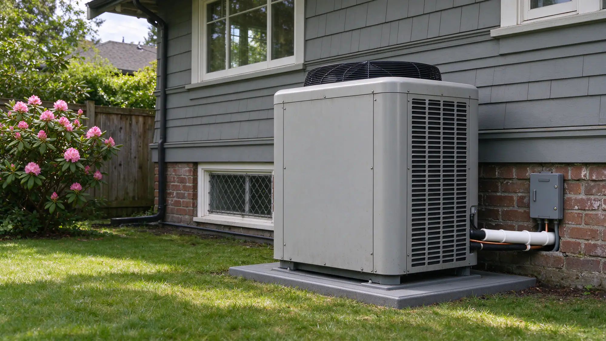 Ducted heat pump outdoor unit on a level pad beside a Seattle craftsman house in bright daylight