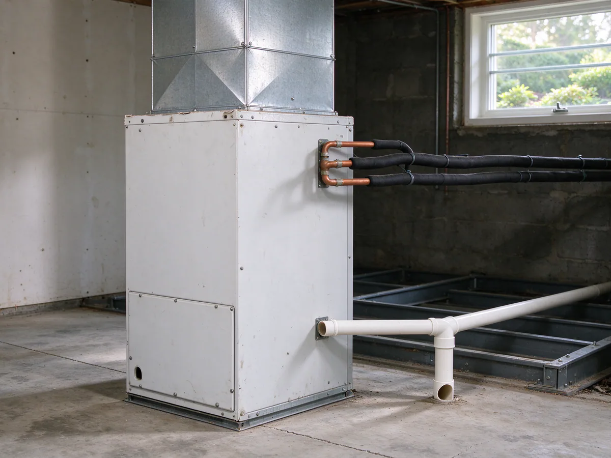 Electric air handler connected to the duct plenum in a basement, with line set and condensate drain