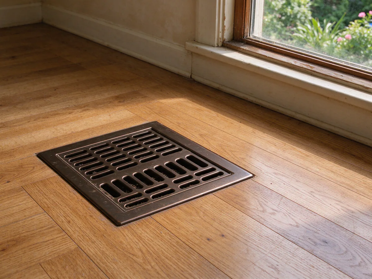 Floor supply register in an older house's hardwood floor