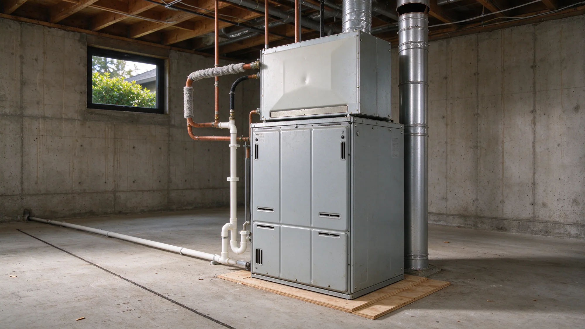 Heat pump coil cabinet mounted on top of a gas furnace in a basement, refrigerant lines and a new thermostat wire running up the wall, daylight