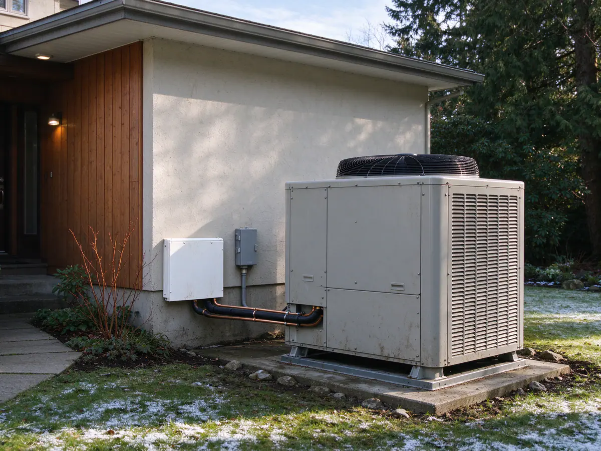 Heat pump outdoor unit on a frosty winter morning on the Eastside