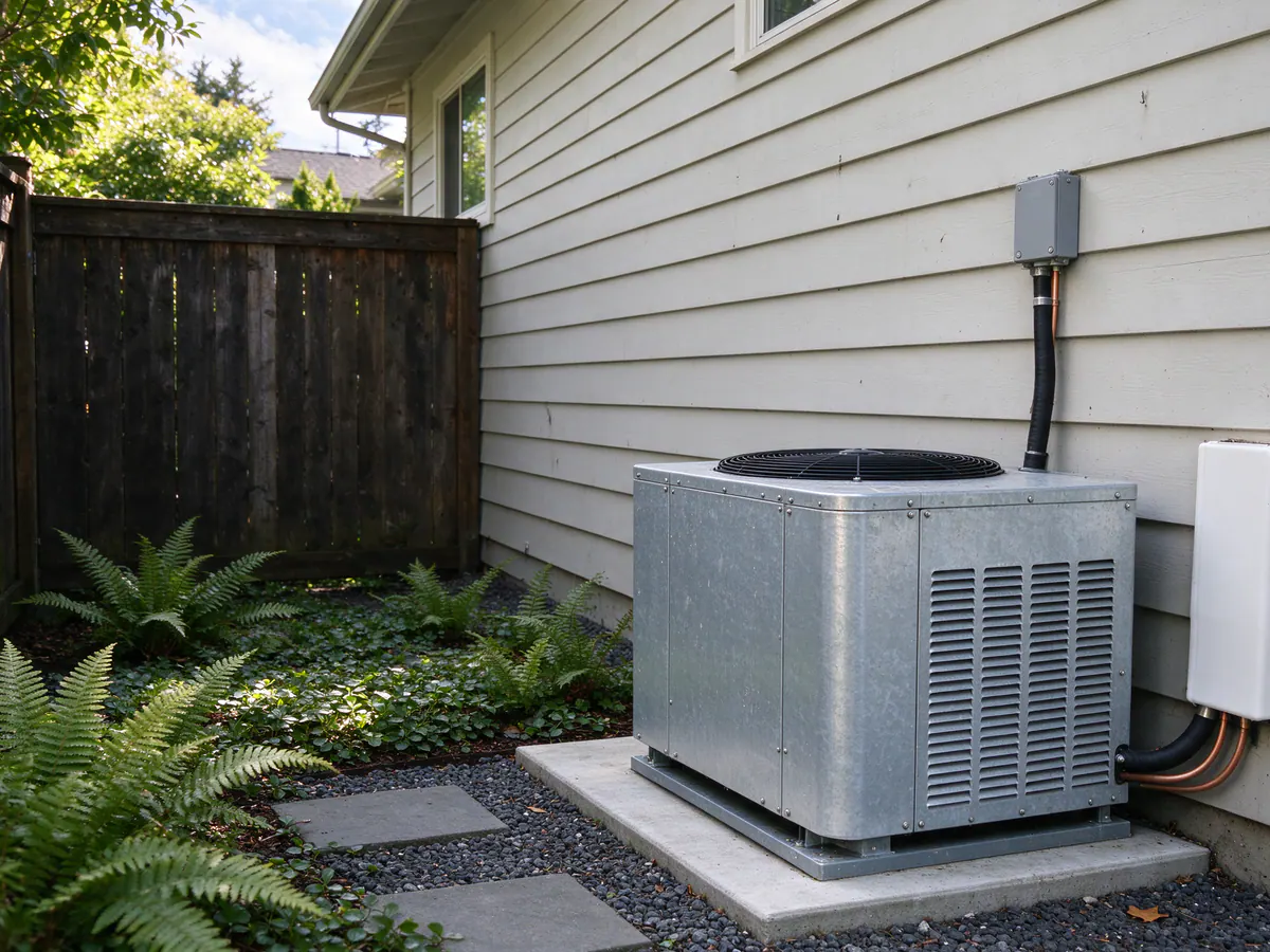 Heat pump outdoor unit sited in a narrow Seattle side yard