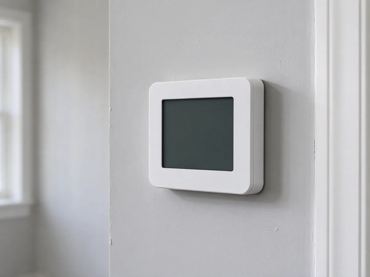 Heat pump thermostat on a hallway wall