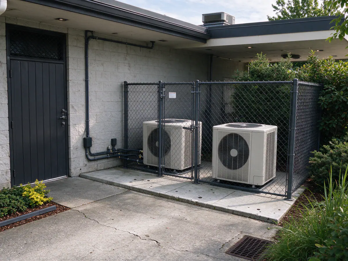 Heat pump units in a fenced service yard behind a small retail building