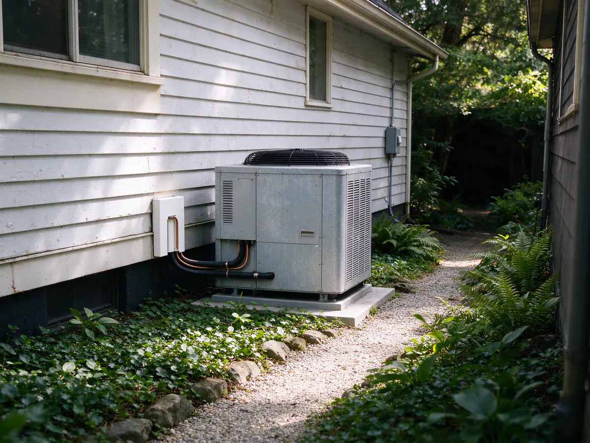 Heat pump on a wall bracket in a narrow side yard between older houses