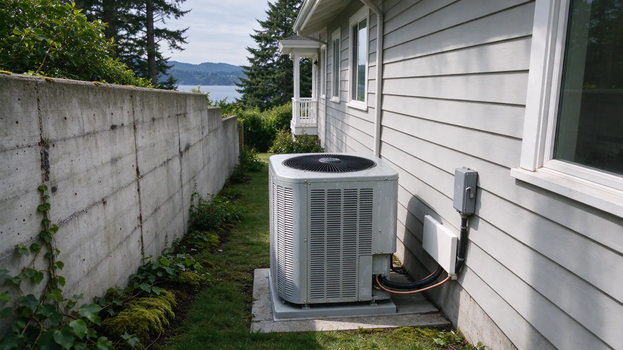 Hillside house in Queen Anne with a heat pump outdoor unit on a wall bracket above a retaining wall, city view behind, bright daylight