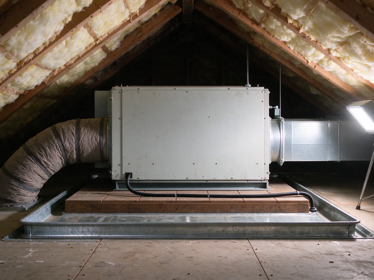 Horizontal air handler in an attic with a secondary drain pan