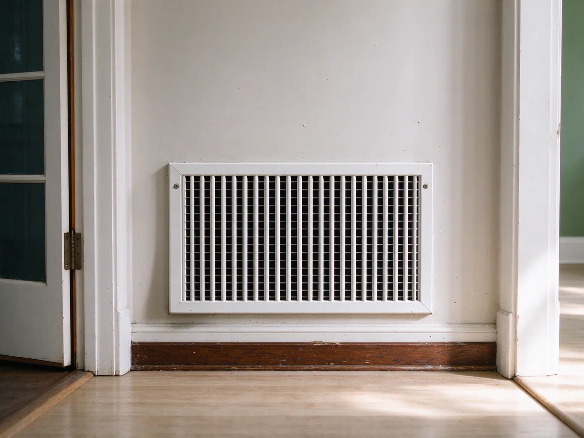 Large return air grille in a hallway wall