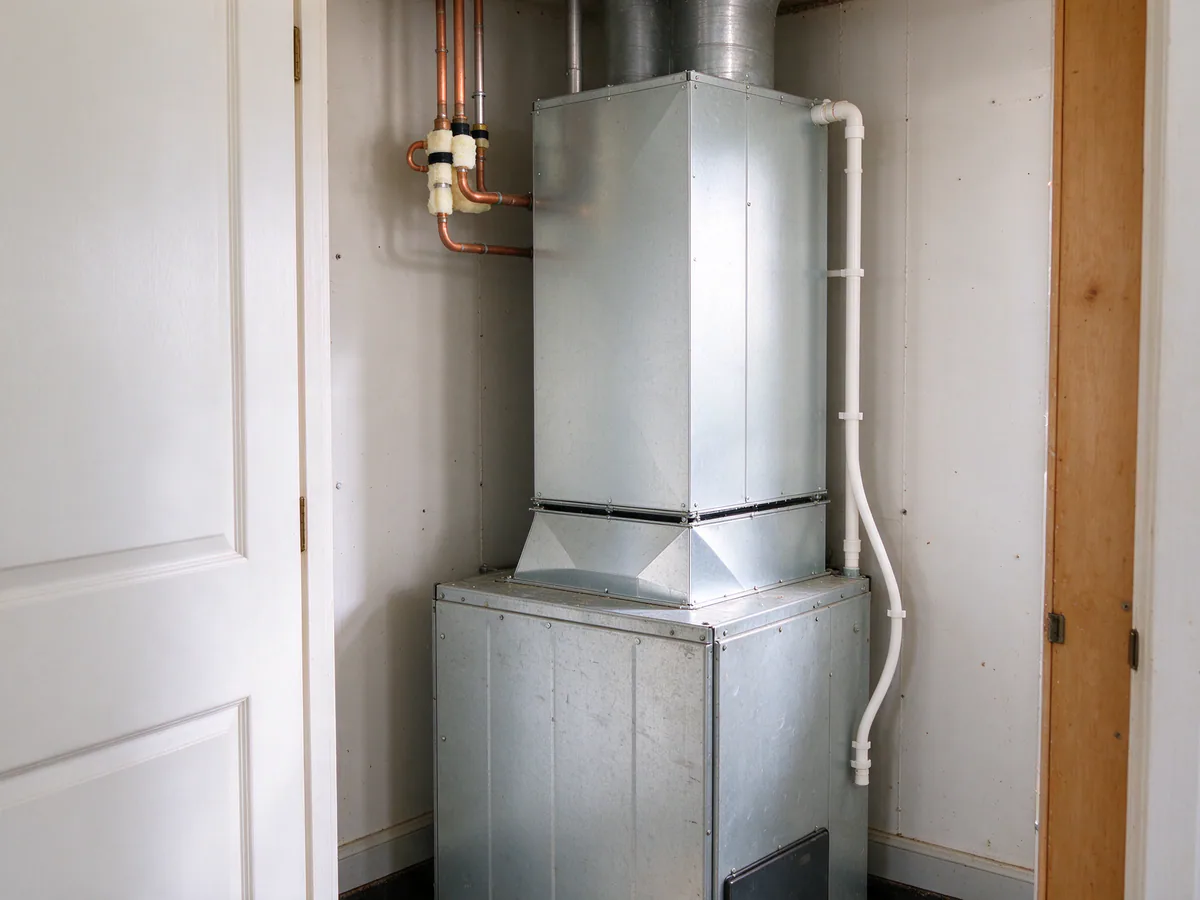 New cased indoor coil set on top of a furnace in a utility closet