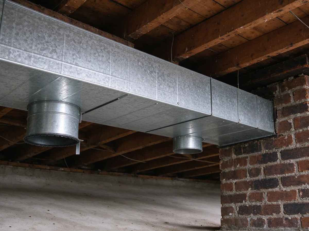 New duct trunk beside an old brick chimney in a 1920s basement