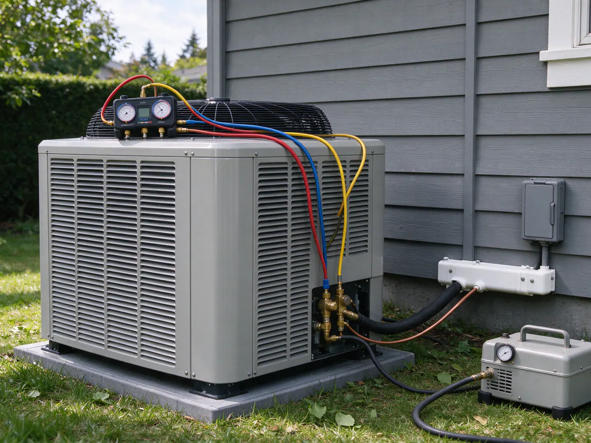 Technician setting a new ducted heat pump outdoor unit on a pad beside a house