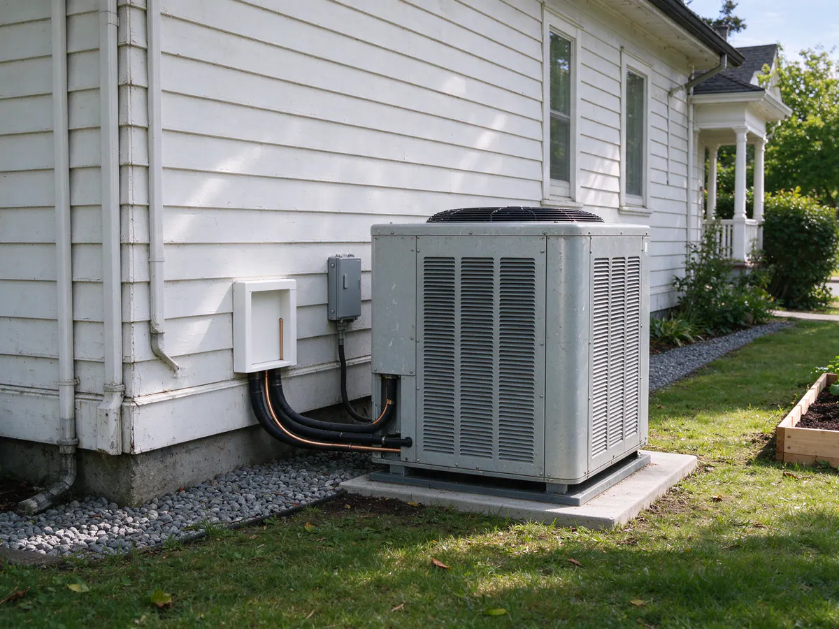 New heat pump outdoor unit beside a 1940s Seattle house after an oil conversion