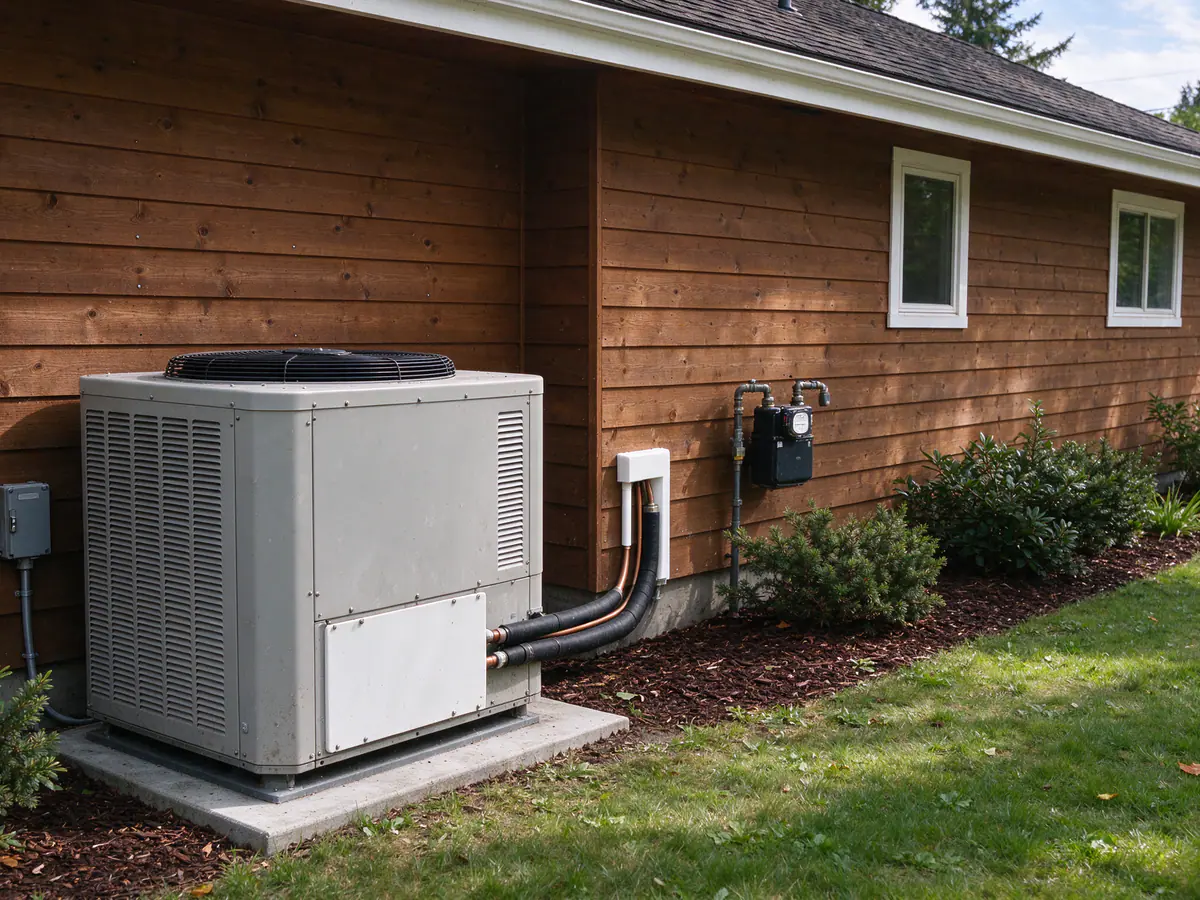 New heat pump outdoor unit replacing an old air conditioner beside a rambler