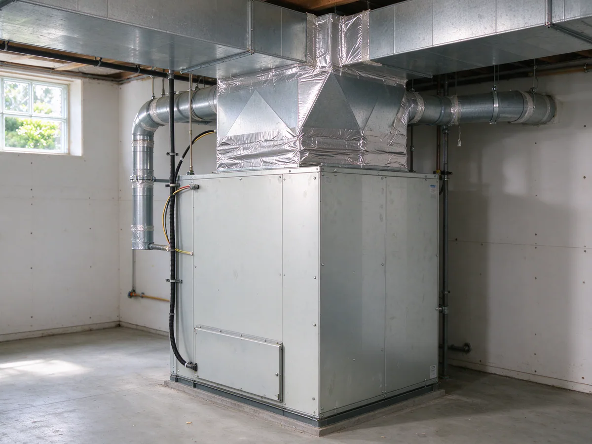New sheet-metal transition joining an air handler to existing ducts