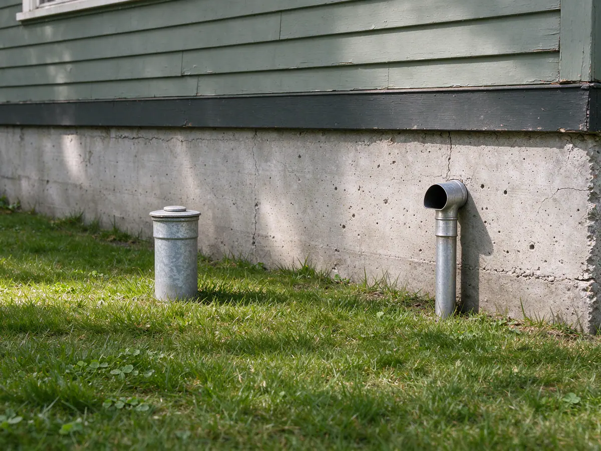 Oil tank fill and vent pipes beside a Seattle house foundation
