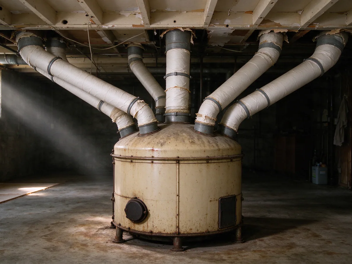 Old gravity furnace with large round ducts in a basement