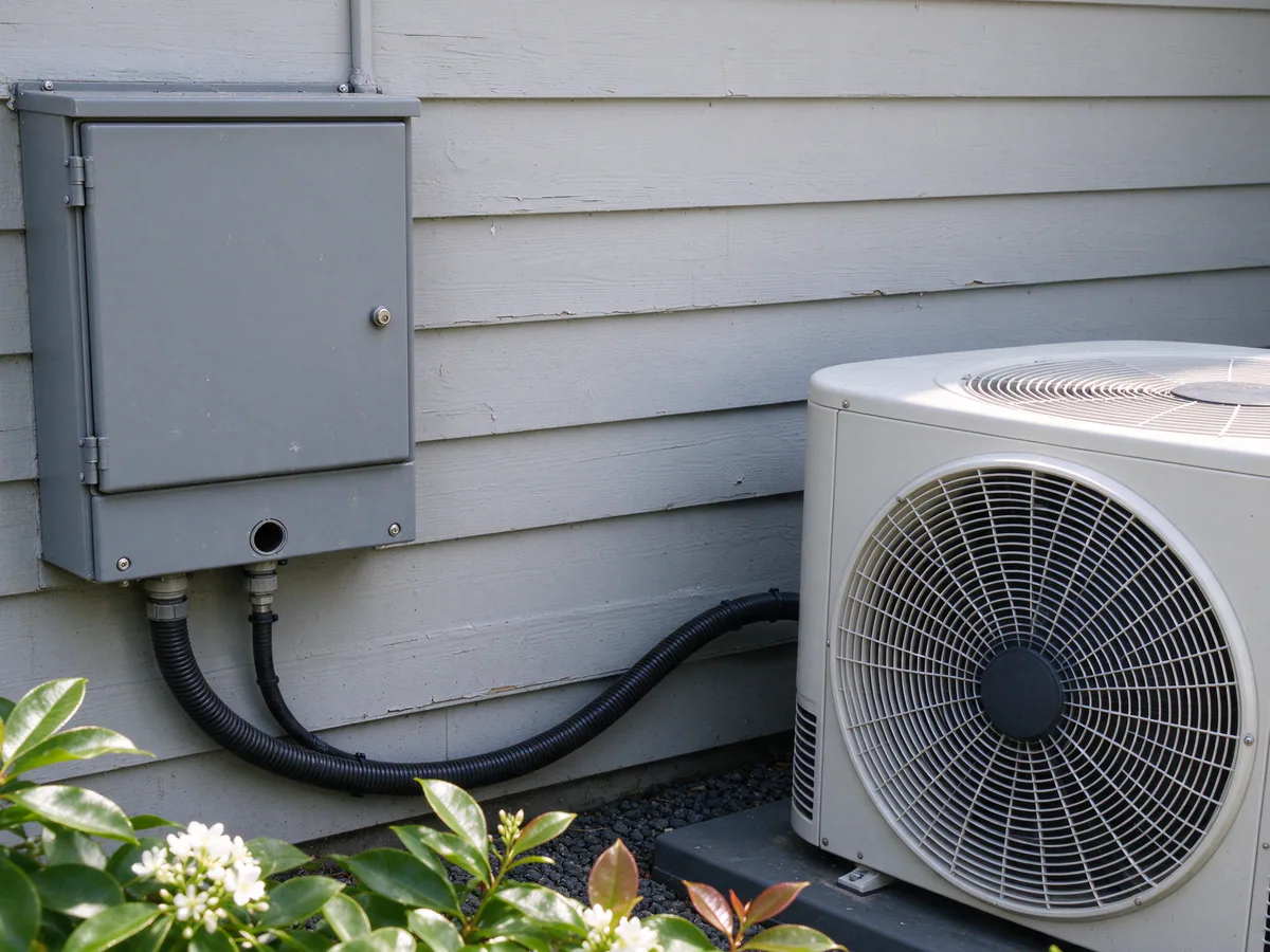 Outdoor electrical disconnect and conduit feeding a heat pump