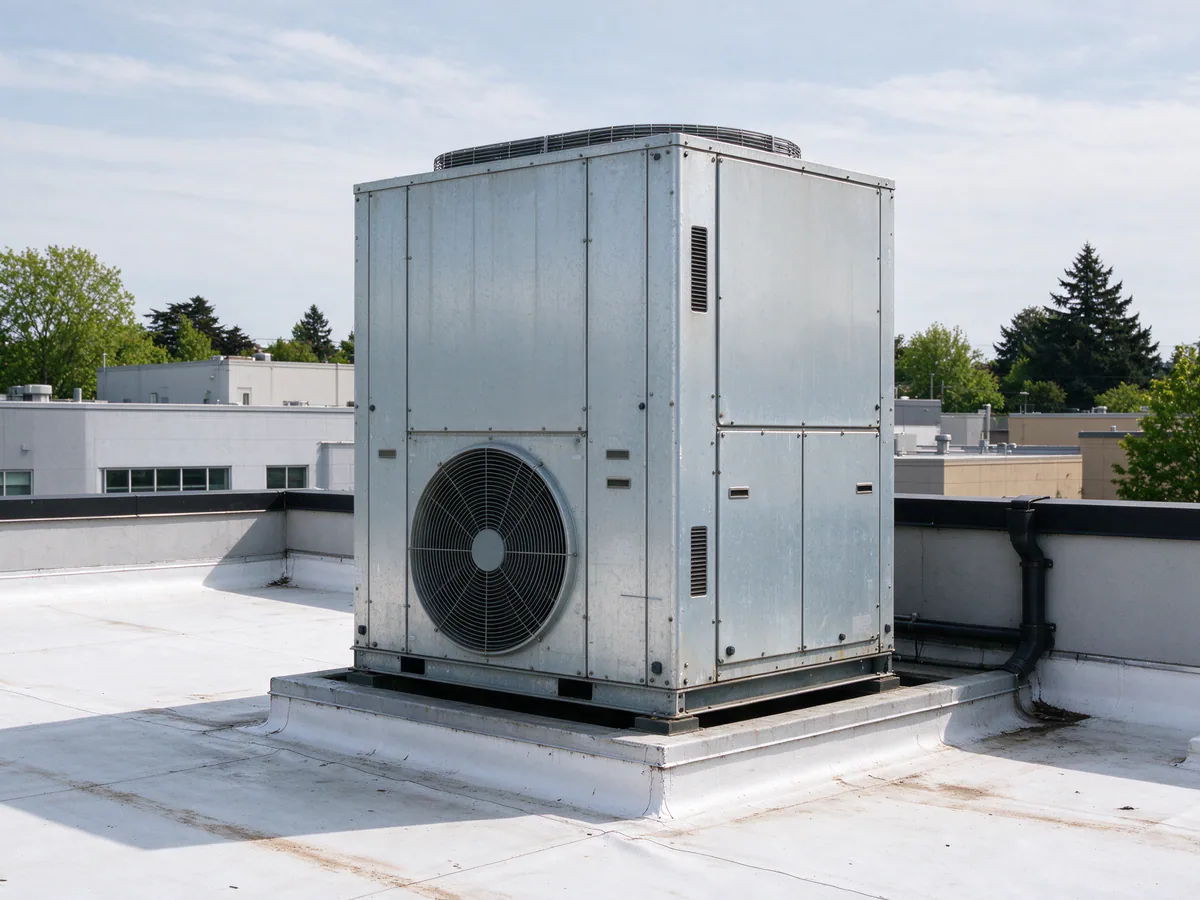 Rooftop heat pump unit on a small commercial building