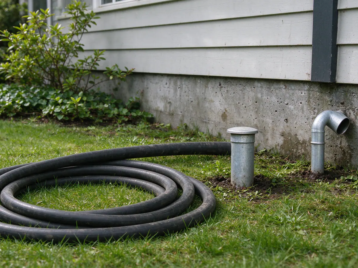 Pump-out hose beside an oil tank fill pipe