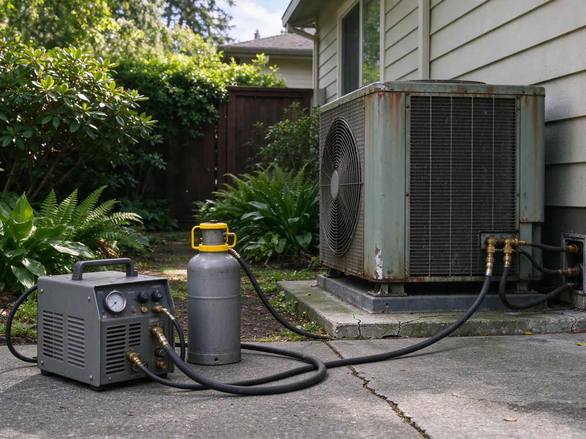 Refrigerant recovery machine and cylinder connected to an old outdoor unit
