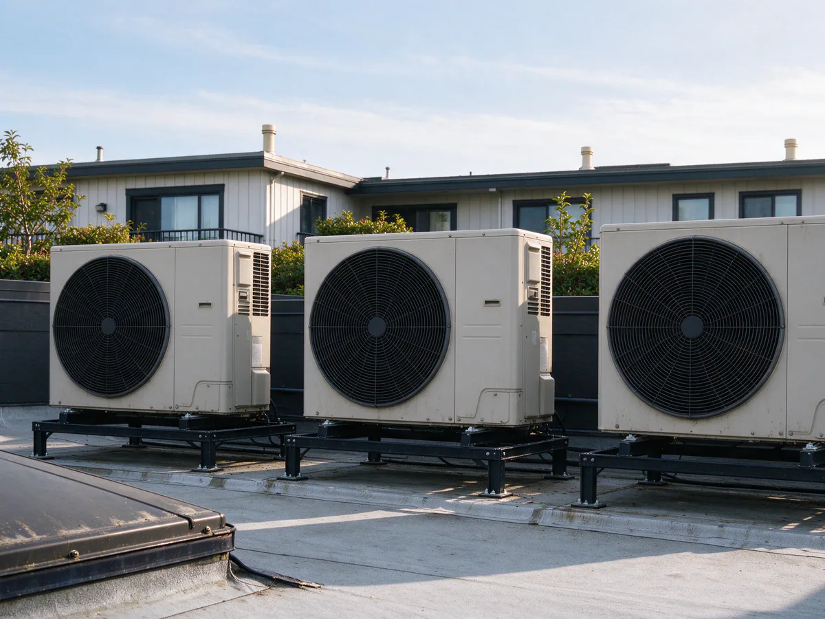 Row of split-system heat pump units on a small building roof
