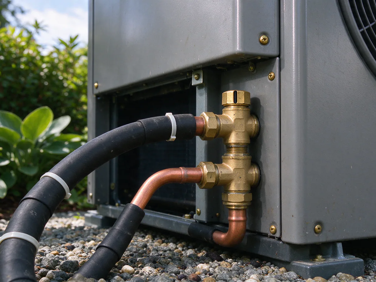 Service valves and line set connections on a new heat pump outdoor unit