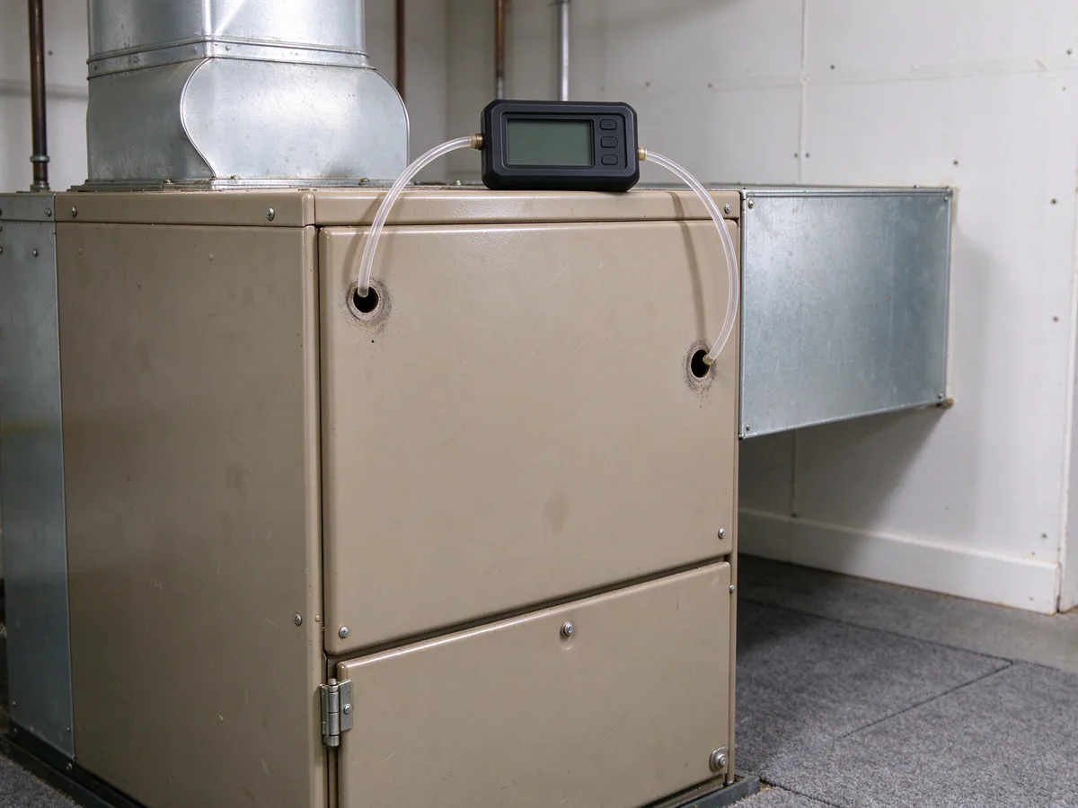 Static pressure test set up on a furnace's supply and return plenums