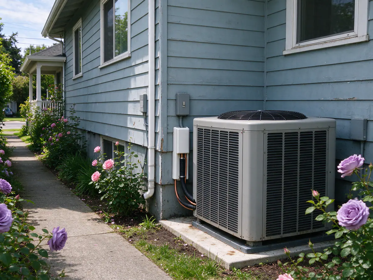 Two-story Seattle house with a heat pump in summer